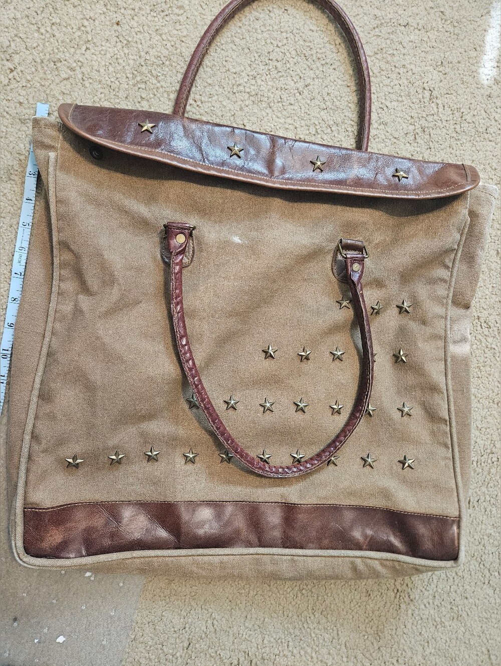 Mona B Brown Canvas Tote with Star Studs